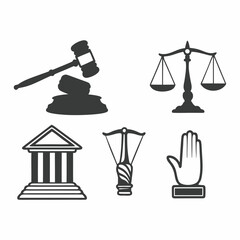 Gavel, scales, court building, libra and hand isolated on white background