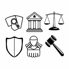 Justice symbols isolated on white background, including scales, gavel, shield, court and judge
