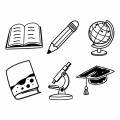 Illustration of education and science icons including book, pencil, globe isolated on white background