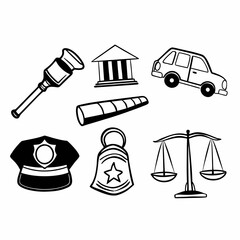 Illustration of law enforcement and justice system elements isolated on white background