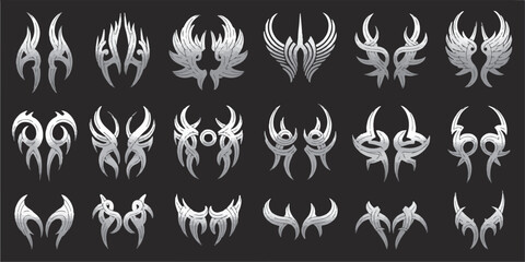 vector set of symmetrical emblem designs in ai eps formats featuring wings spikes and abstract ornaments