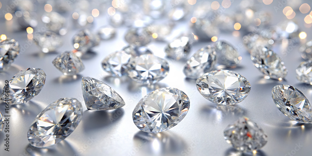 Poster various diamonds are artistically scattered across a shiny surface, reflecting light and creating a 