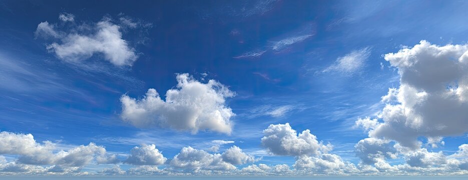 Wide shot of a vibrant blue sky dotted with fluffy white cumulus clouds (1)