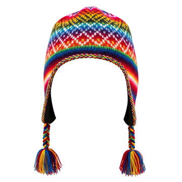 Traditional Peruvian chullo hat with a colorful rainbow pattern and tassels made of warm wool