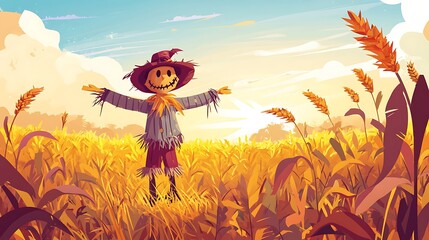 Fototapeta premium Friendly scarecrow in a golden wheat field