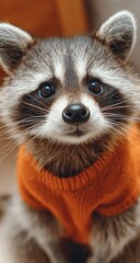 Obraz premium Adorable raccoon wearing orange sweater, close up