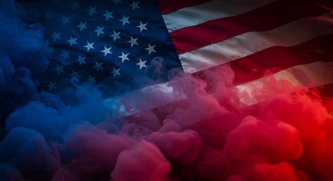 Abstract red white and blue smoke swirls over american flag