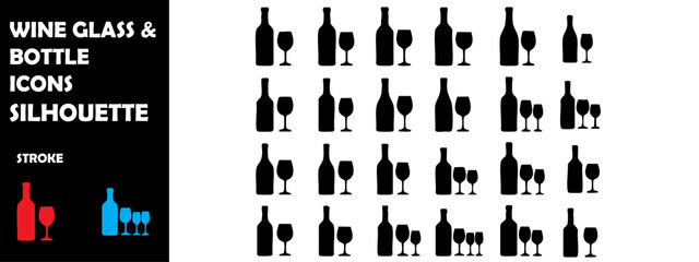 Wine Glass and Bottle Silhouette Vector Set &ndash; Alcohol Drink, Party Celebration and Bar Icons