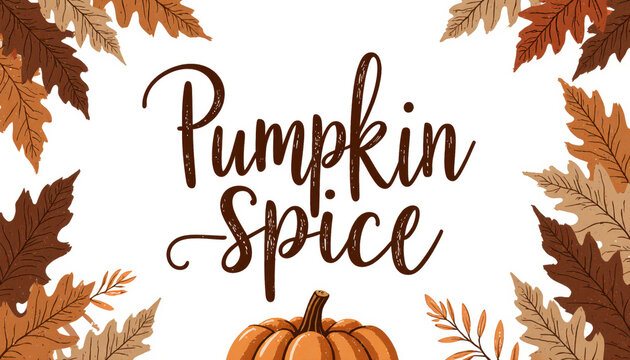 Pumpkin spice text design surrounded by autumn leaves and pumpkin  