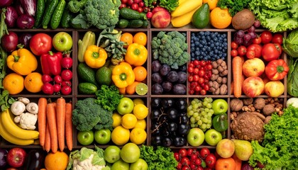 Colorful assortment of fresh fruits and vegetables including peppers, oranges, berries, apples, broccoli, and leafy greens.