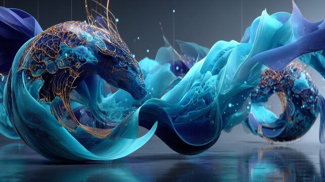 Blue wavy shapes on a light background. 3d rendering background.