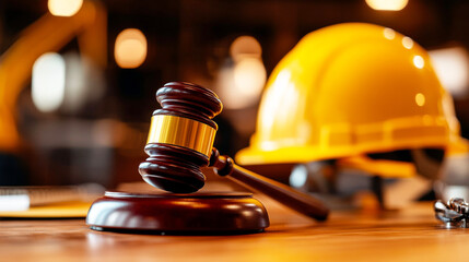 Construction Law: Close-up captures a symbolic gavel and protective helmet on a wooden surface, representing the intersection of construction and legal principles.