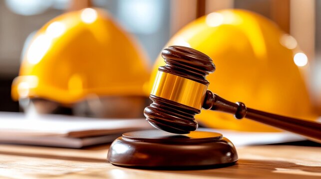 Construction Law: Close-up of a wooden gavel symbolizing construction law with two safety helmets placed in the blurry background. 