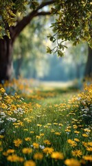 Obraz premium Sunlit Pathway Through a Field of Wildflowers in a Serene Forest Setting