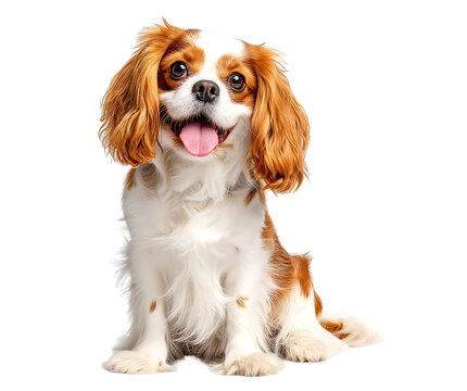Happy Blenheim Cavalier King Charles Spaniel Dog Portrait isolated on a transparent background