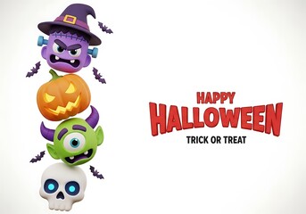 Fototapeta premium Stack of cute halloween monsters and pumpkin with happy halloween text