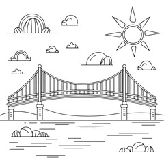 Scenic River Bridge with Cloudy Sky and Flowers - Fun Kids' Outdoor Design Art