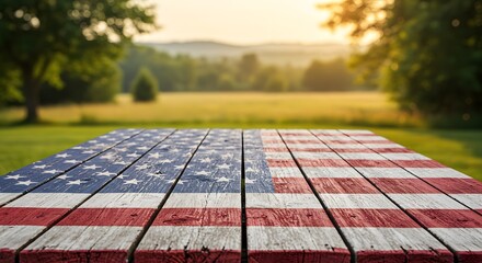 Rustic american flag picnic table set against a serene summer landscape