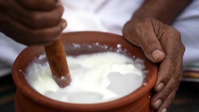 close-up shows a man manually combining ice, sugar, and yogard to make lassi at the traditional method, Generative AI.