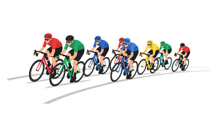 Fototapeta premium Dynamic Cycling Race Illustration Featuring Diverse Team Colors on White Backdrop