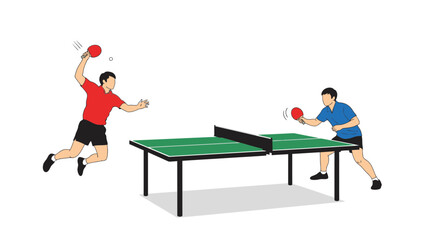 Dynamic table tennis match with player jumping for a powerful overhead smash
