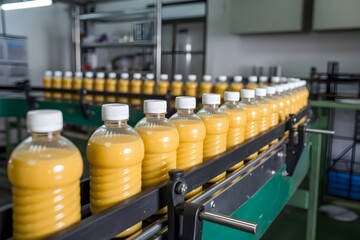 Fototapeta premium Fresh juice bottles manufacturing on conveyor belt in small scale food factory 