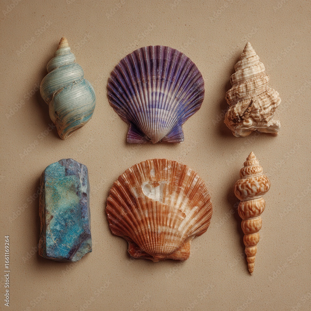 Aufkleber seashells and stones arranged on light brown sand. top row features a spiral shell, scallop shell, a