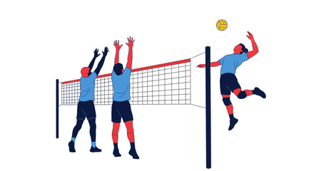 Dynamic Volleyball Action Scene with Players at Net and Spiking Athlete