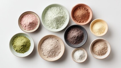 Assortment of vibrant colored powders in bowls, arranged on a white surface