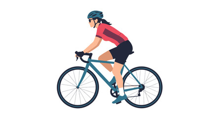 Fototapeta premium Female cyclist rides a road bike with helmet on white background illustration