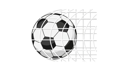 Illustrated soccer ball captured inside the net against white background