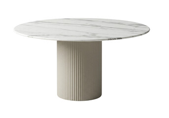 Modern round dining table with marble top and fluted pedestal base, isolated on transparent background