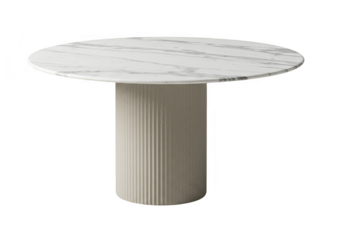 Modern round dining table with marble top and fluted pedestal base, isolated on transparent background