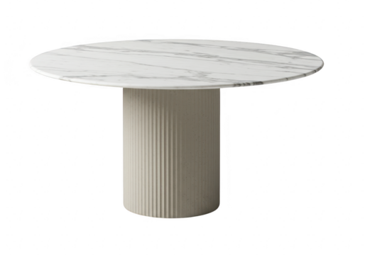 Modern round dining table with marble top and fluted pedestal base, isolated on transparent background