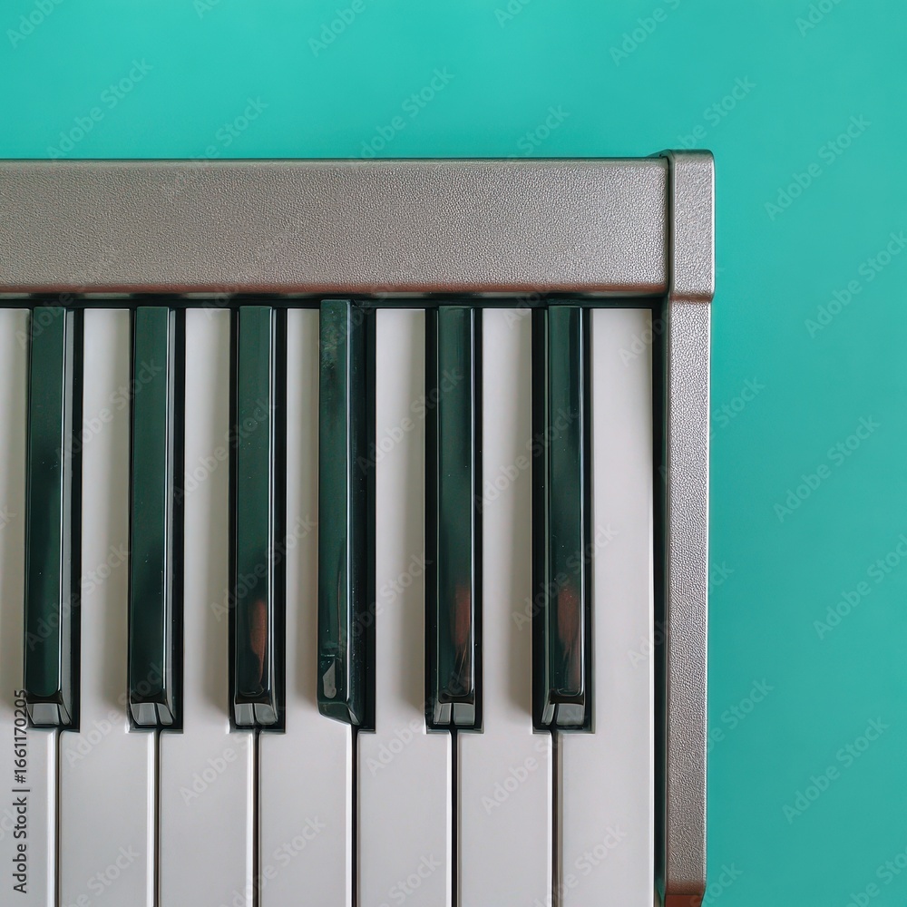 Poster close up view of a portion of a silver keyboard with black and white keys against a teal background.