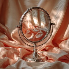 Silver vanity mirror on peach satin fabric, warm lighting, reflective surface.