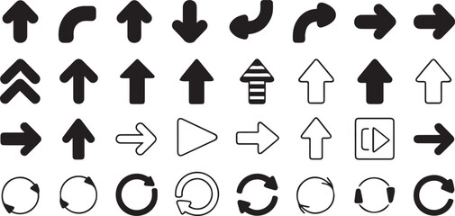 set of 32 vector arrow icons for digital interface navigation ui elements including solid outline curved rotation arrows