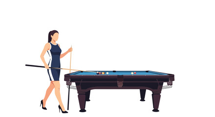 Pool player lady with billiard cue near billiard table ready to play