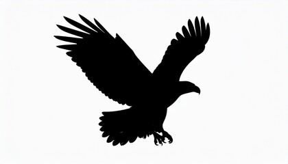 Silhouette of a large bird of prey in flight with wings spread wide and talons visible against white background.