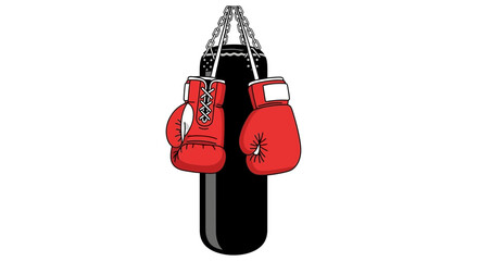 Red boxing gloves hanging on a black punching bag fitness equipment