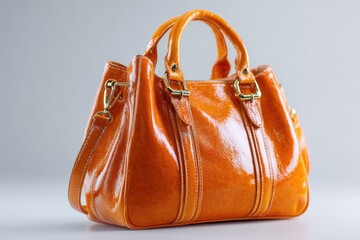 A glossy orange handbag with gold hardware and handles set against a neutral background