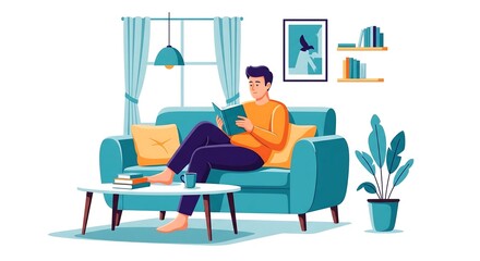 Man relaxing on sofa, reading book in comfortable living room.