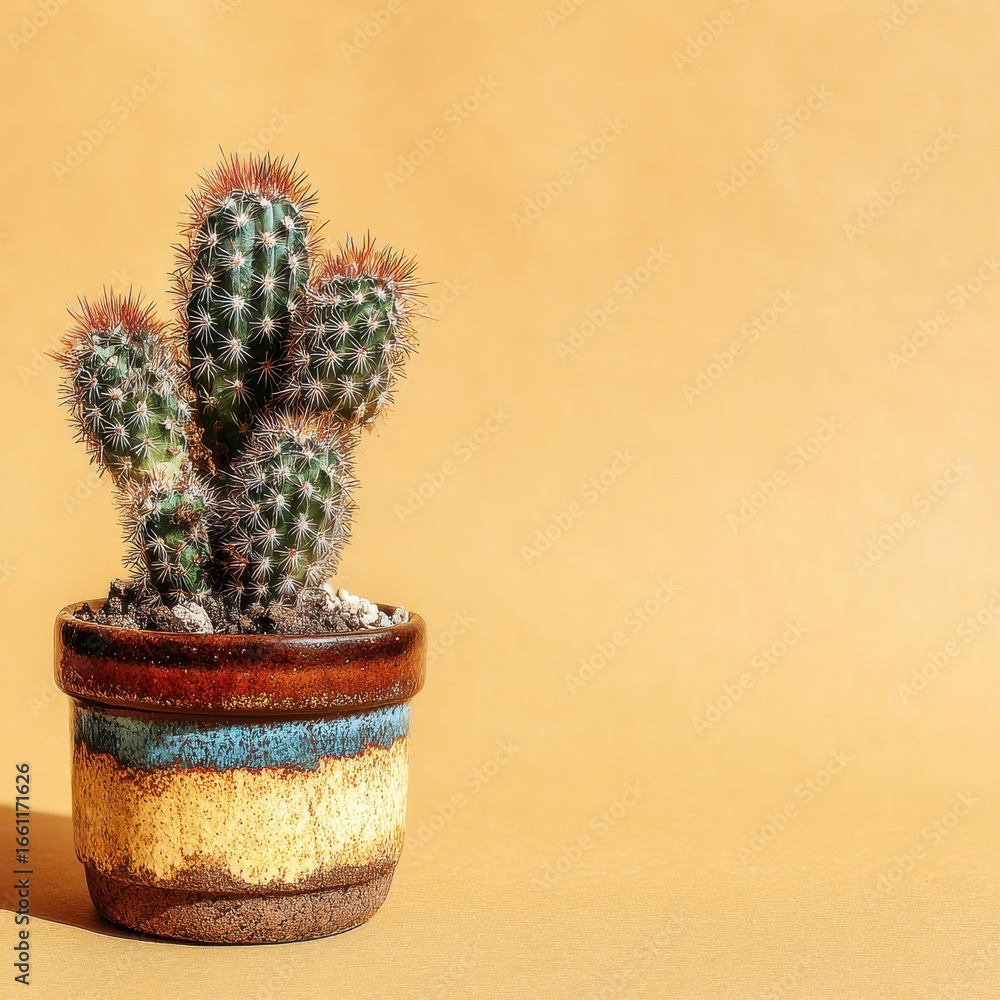 Poster small cactus in a colorful pot against a light brown background. the image is well lit, creating a w