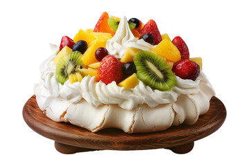 Australia pavlova Meringue dessert with crisp crust and fresh berries, fruits, and mint leaves, isolated on white transparent background