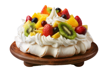 Australia pavlova Meringue dessert with crisp crust and fresh berries, fruits, and mint leaves, isolated on white transparent background