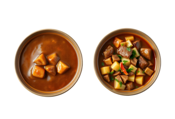 Two Bowls of Hearty Stew with Potatoes and Meat