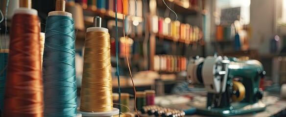 Tools on table in tailoring atelier, pins and threads used for manufacturing clothes. Tailor workshop filled with fashion industry equipment, custom made clothing line. Close up.