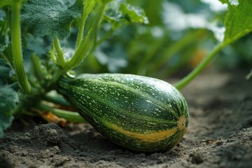 Obraz premium A green and yellow zucchini lies on soil nestled under leafy stalks