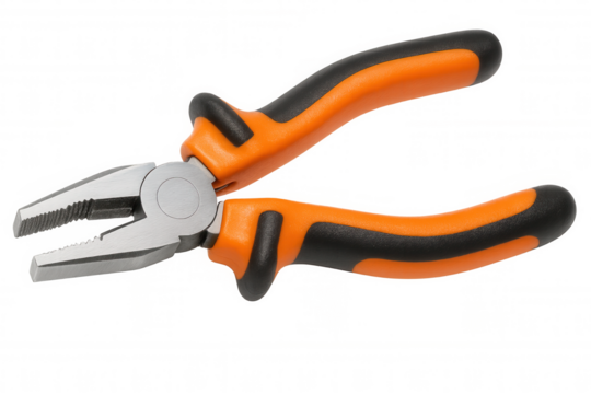 Combination pliers featuring orange and black handles isolated on a transparent background, ideal for construction and diy projects