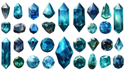 Set of Blue Faceted Crystals in Various Shapes, Transparent PNG